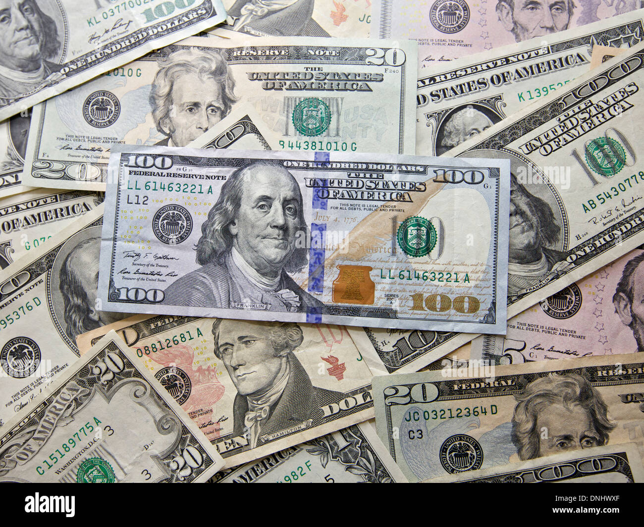 American Greenback Dollar Notes with various bank notes Stock Photo