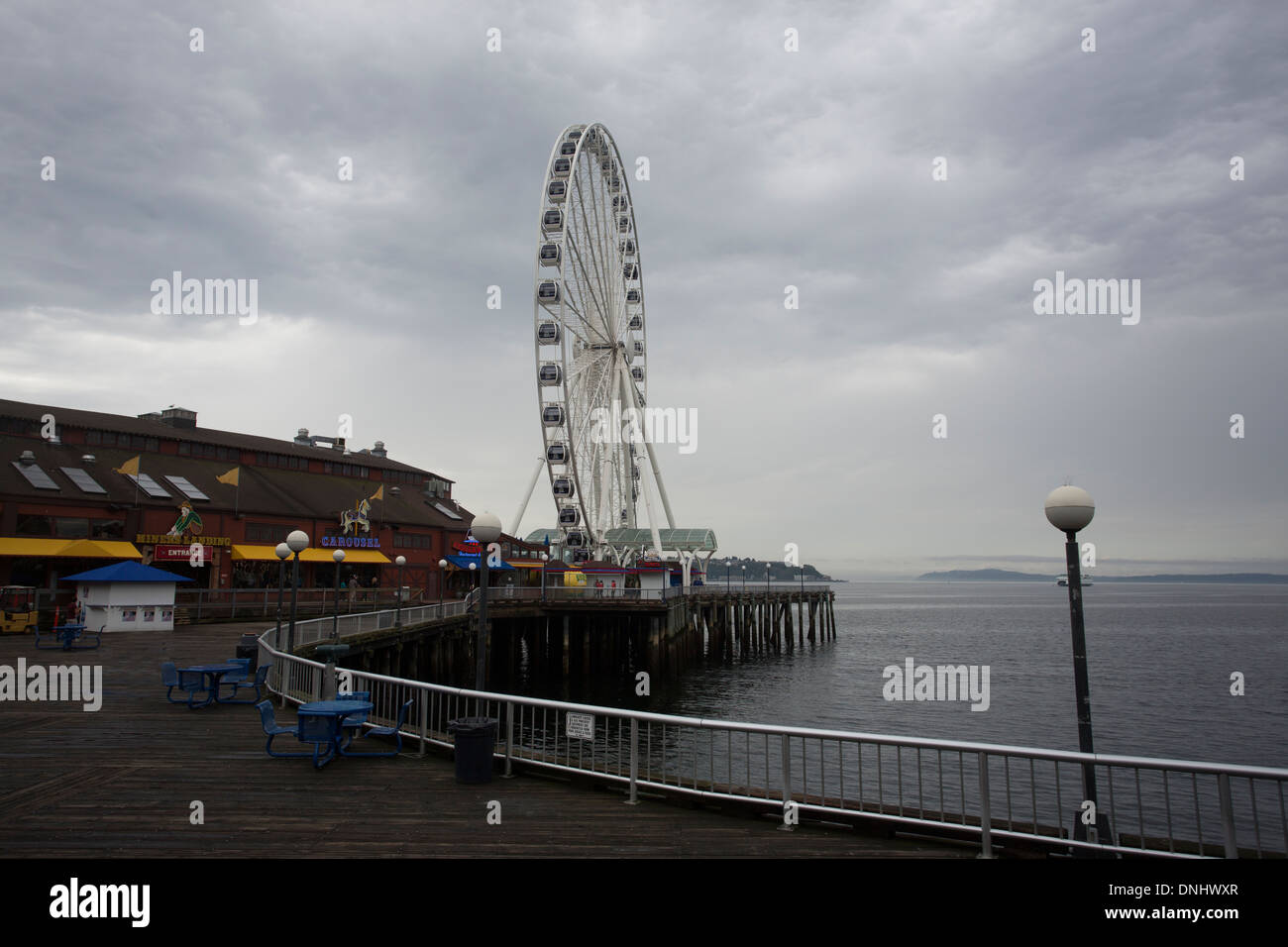 Seattle Great Wheel on a cloudy day. Stock Photo
