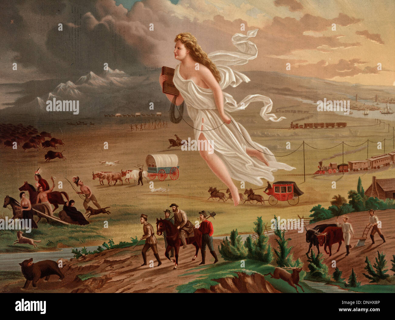 American progress - Allegorical female figure of America leading pioneers and railroads westward. Stock Photo