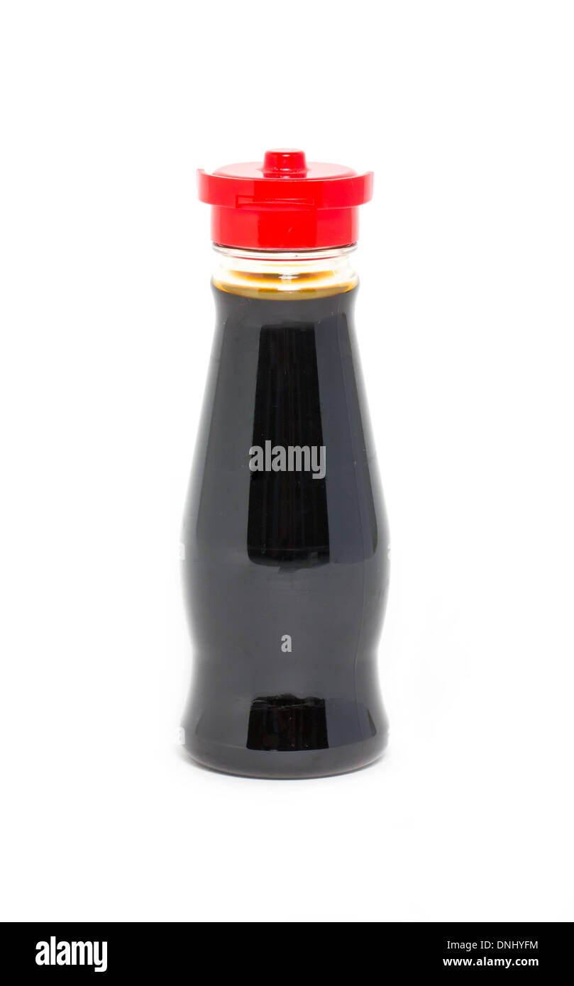 Japanese soy sauce in bottle isolated on white. Stock Photo