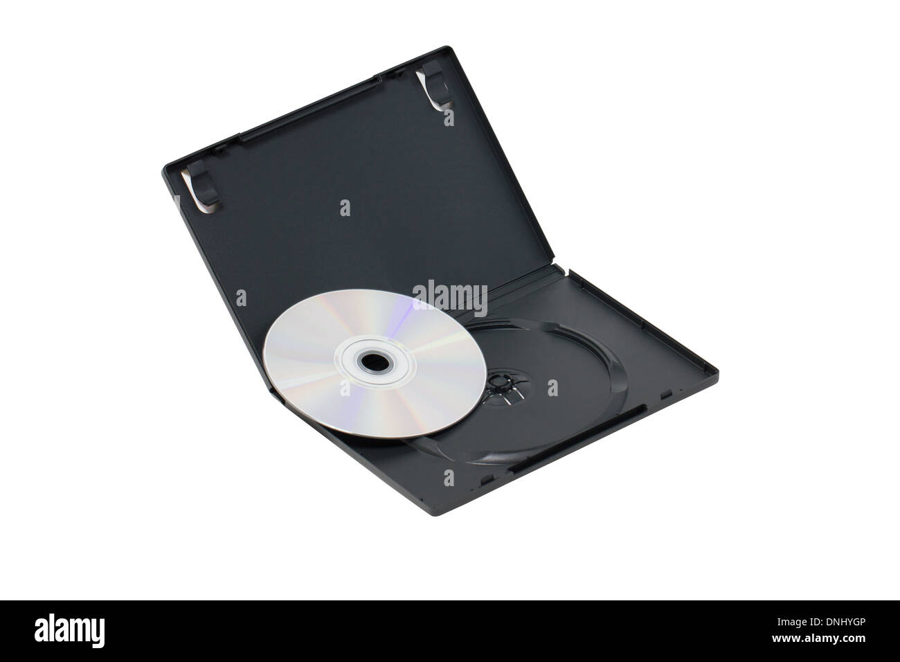 The open black DVD case with disk isolated on white Stock Photo Alamy