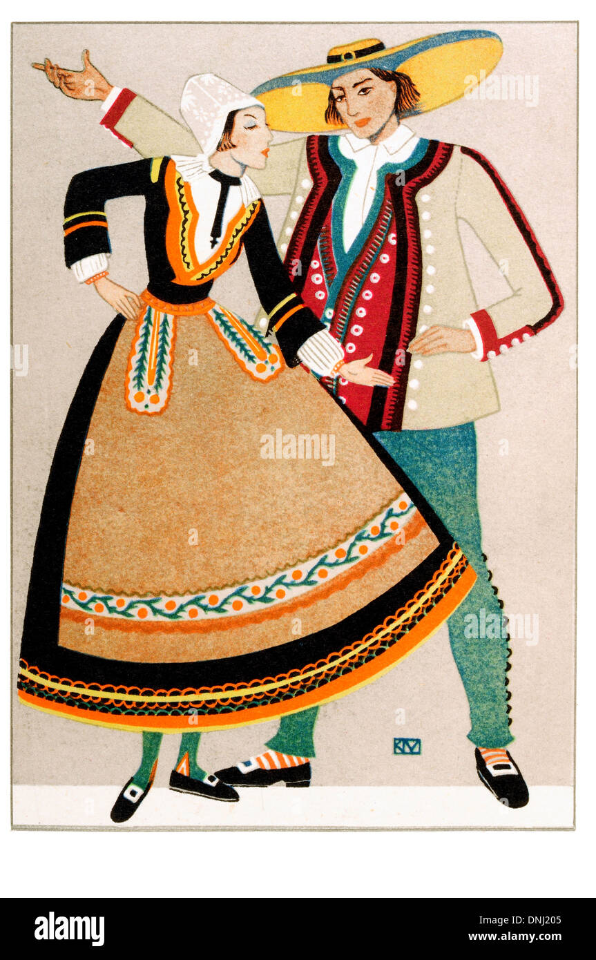France Traditional costume early 20th century lithograph Stock Photo