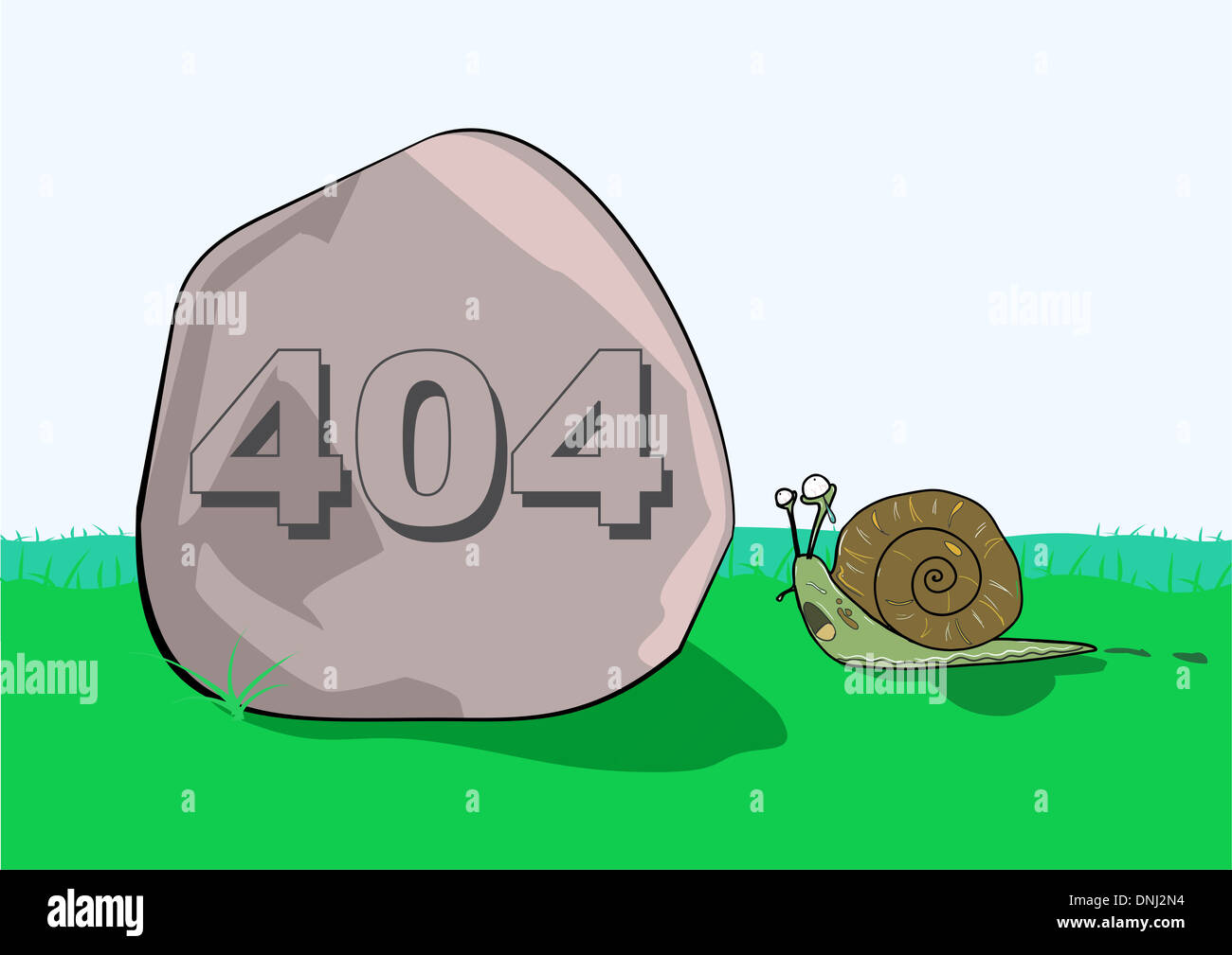 Illustrative representation of 404 error message on rock in front of a snail Stock Photo