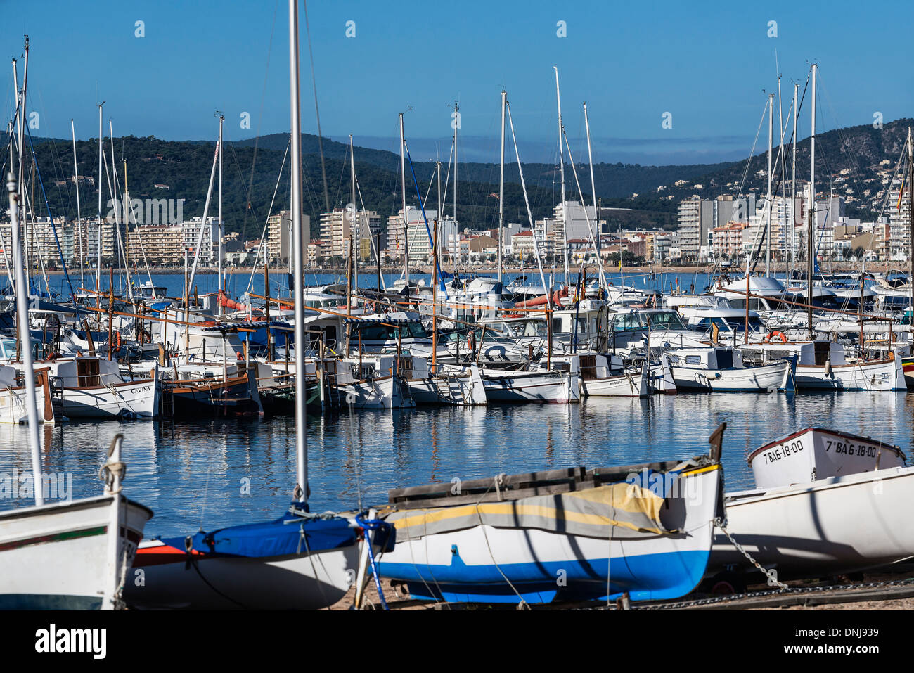 Harbor boats and city skyline, Palamos, Spain Stock Photo