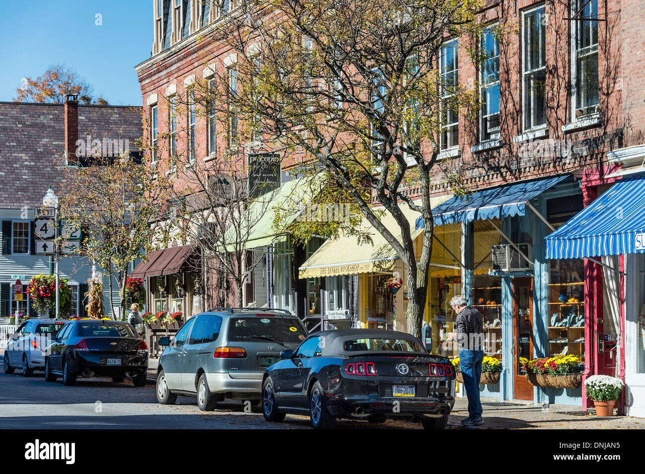 Charming Main Street shops in Woodstock Village, Vermont, USA Stock