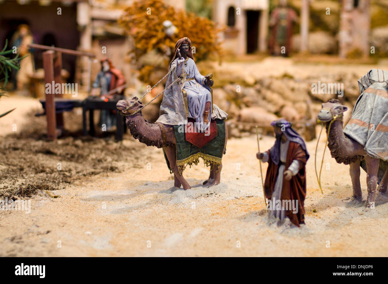 Christmas figures of the Three Wise Men Three Kings on their way to Bethlehem belen. Andalusia, Spain. Stock Photo