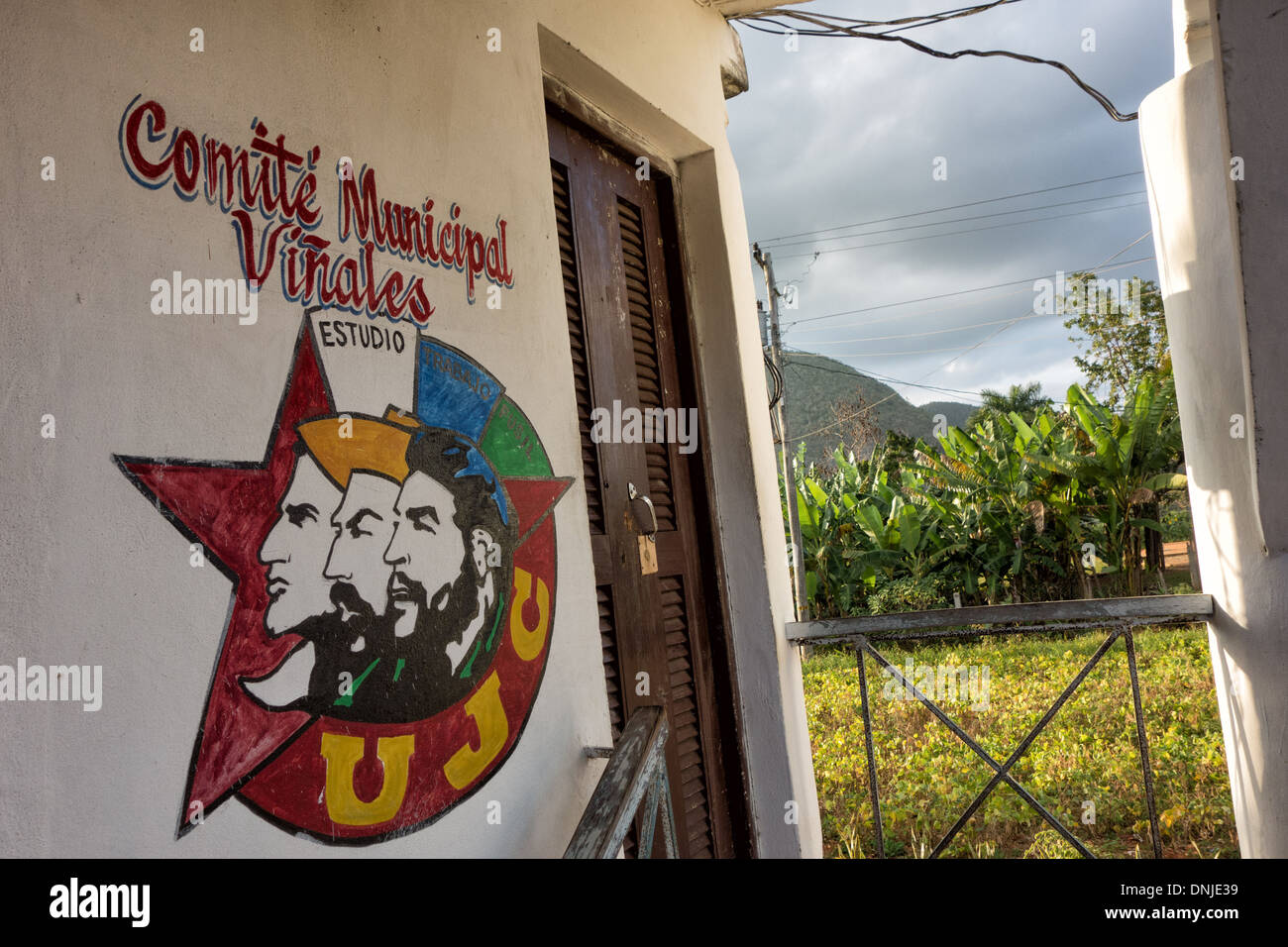MUNICIPAL COMMITTEE BUILDING IN THE TOWN OF VINALES (UJC, YOUNG COMMUNISTS UNION), VINALES VALLEY, LISTED AS A WORLD HERITAGE SITE BY UNESCO, CUBA, THE CARIBBEAN Stock Photo