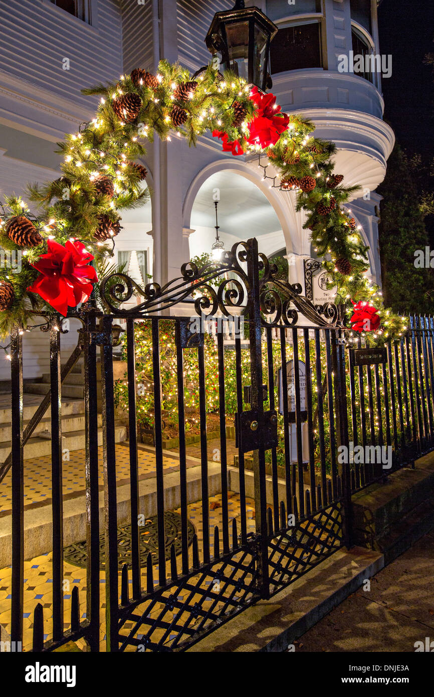 The Meeting Street Inn decorated for Christmas in historic Charleston