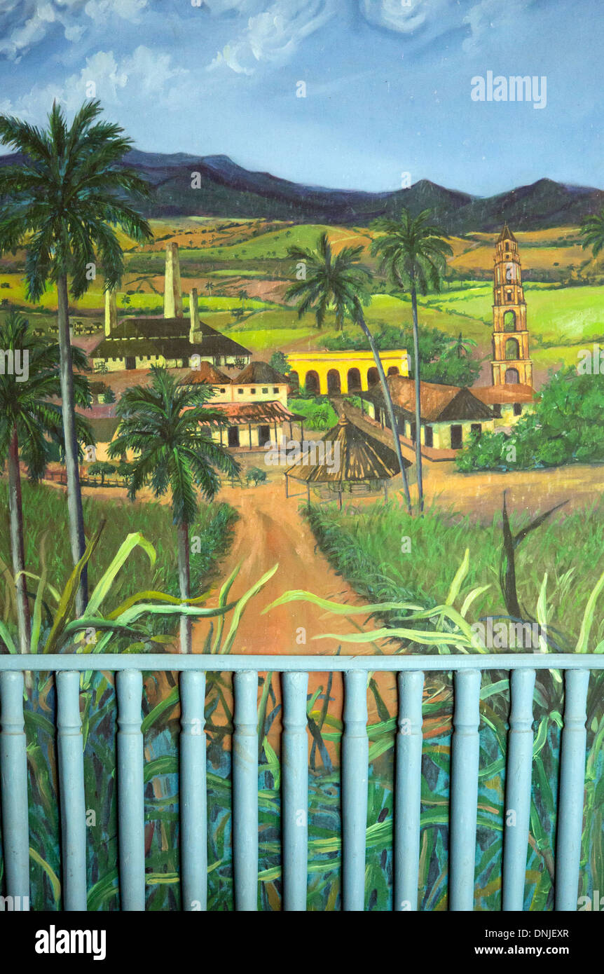 UNSIGNED CONTEMPORARY PAINTING REPRESENTING SUGAR CANE FARMING, THE HACIENDA, THE SUGAR FACTORY AND THE TORRE DE MANACA IGNAZA (44 METRES HIGH), SURVEILLANCE TOWER FOR WATCHING THE BLACK AFRICAN SLAVES ON THE OLD SUGAR CANE PLANTATION, LOS INGENIOS VALLEY Stock Photo