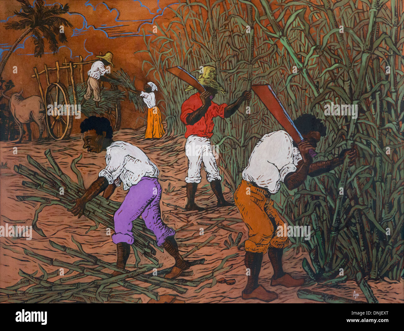 UNSIGNED CONTEMPORARY PAINTING SHOWING THE BLACK AFRICAN SLAVES CUTTING SUGAR CANE ON THE OLD PLANTATION IN LOS INGENIOS VALLEY, LISTED AS A WORLD HERITAGE SITE BY UNESCO, CUBA, THE CARIBBEAN Stock Photo