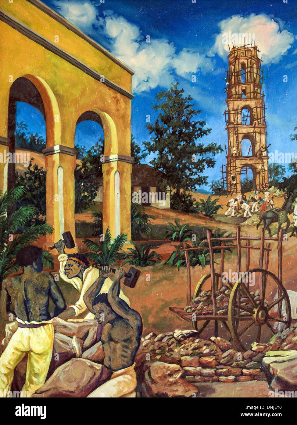 UNSIGNED CONTEMPORARY PAINTING SHOWING THE CONSTRUCTION OF THE VILLAGE AND THE TORRE DE MANACA IGNAZA (44 METRES HIGH), SURVEILLANCE TOWER FOR WATCHING THE BLACK AFRICAN SLAVES ON THE OLD SUGAR CANE PLANTATION, LOS INGENIOS VALLEY, LISTED AS A WORLD HERIT Stock Photo