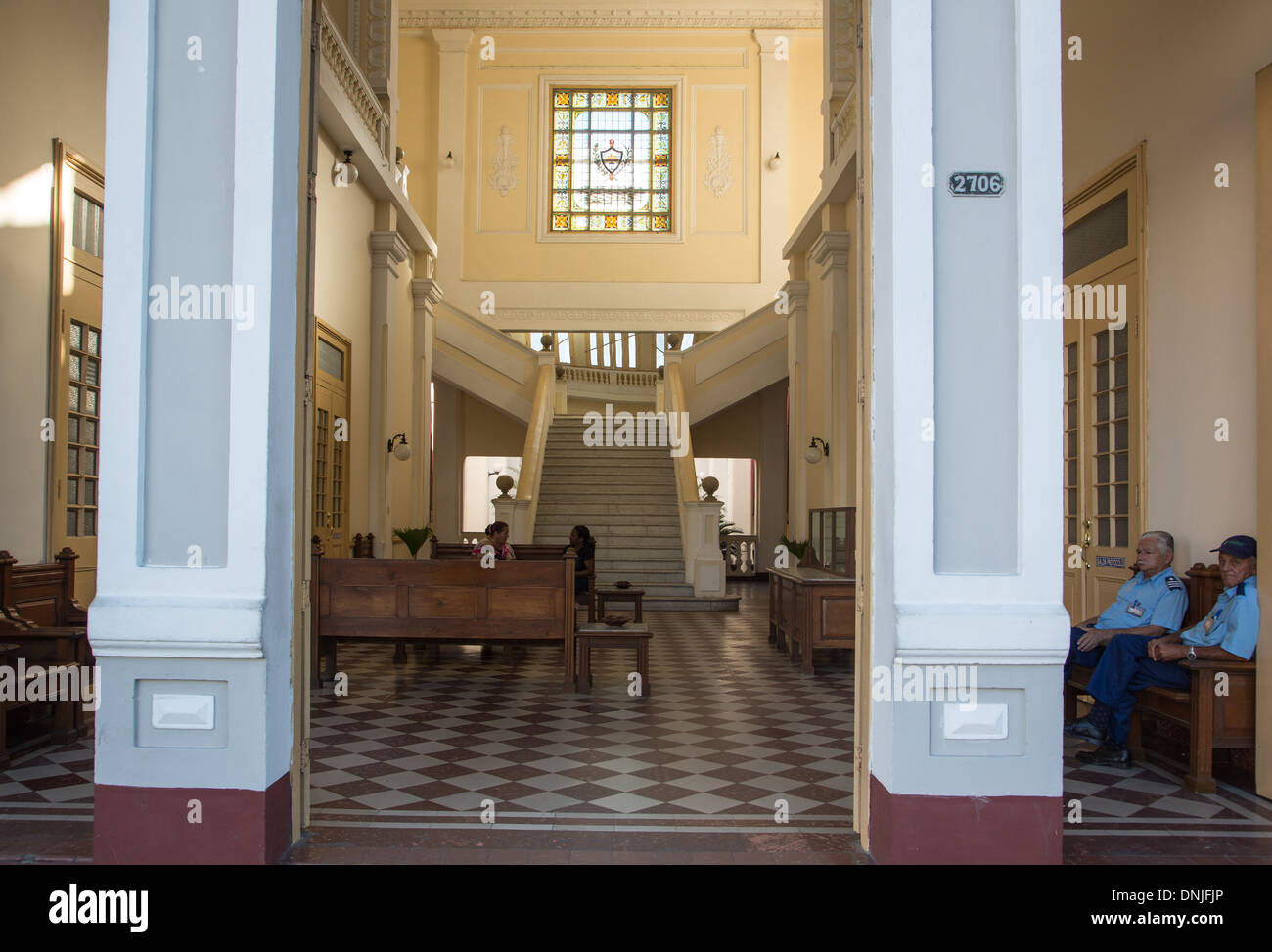 ENTRANCE TO THE PALACIO DE GOBIERNO, GOVERNMENTAL PALACE, TODAY THE TOWN HALL AND SEAT OF THE PEOPLE'S POWER, PARQUE JOSE MARTI SQUARE, CIENFUGOS, FORMER PORT CITY POPULATED BY THE FRENCH IN THE 19TH CENTURY, LISTED AS A WORLD HERITAGE SITE BY UNESCO, CUB Stock Photo