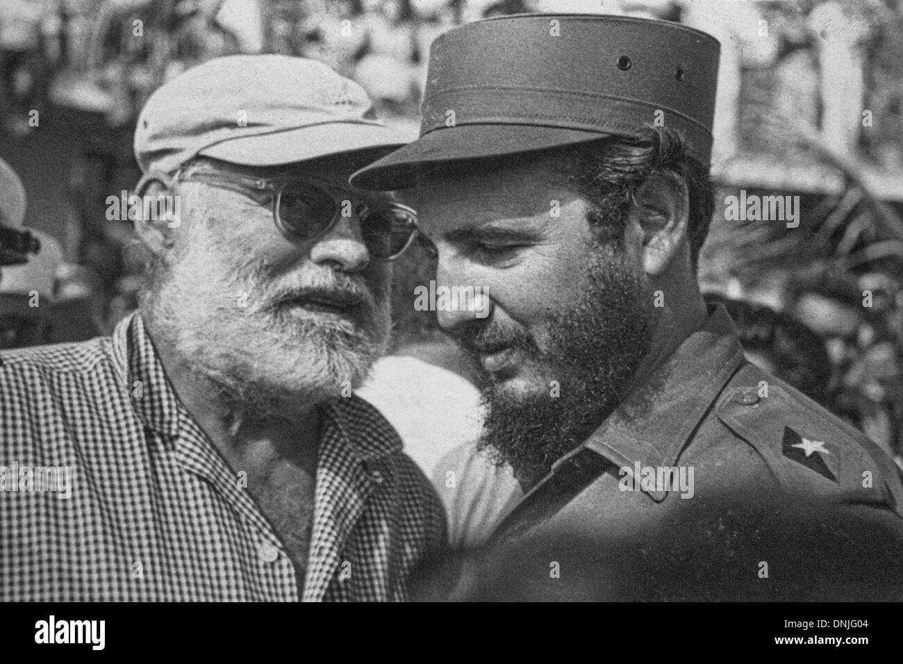 EMBLEMATIC PHOTO OF ERNEST HEMINGWAY (1899-1961), AMERICAN WRITER AND JOURNALIST, AND FIDEL CASTRO, ONE OF THE LEADERS OF THE 1959 CUBAN REVOLUTION AND PRIME MINISTER OF CUBA, MAY, 15 1960, COJIMAR, CUBA, THE CARIBBEAN Stock Photo