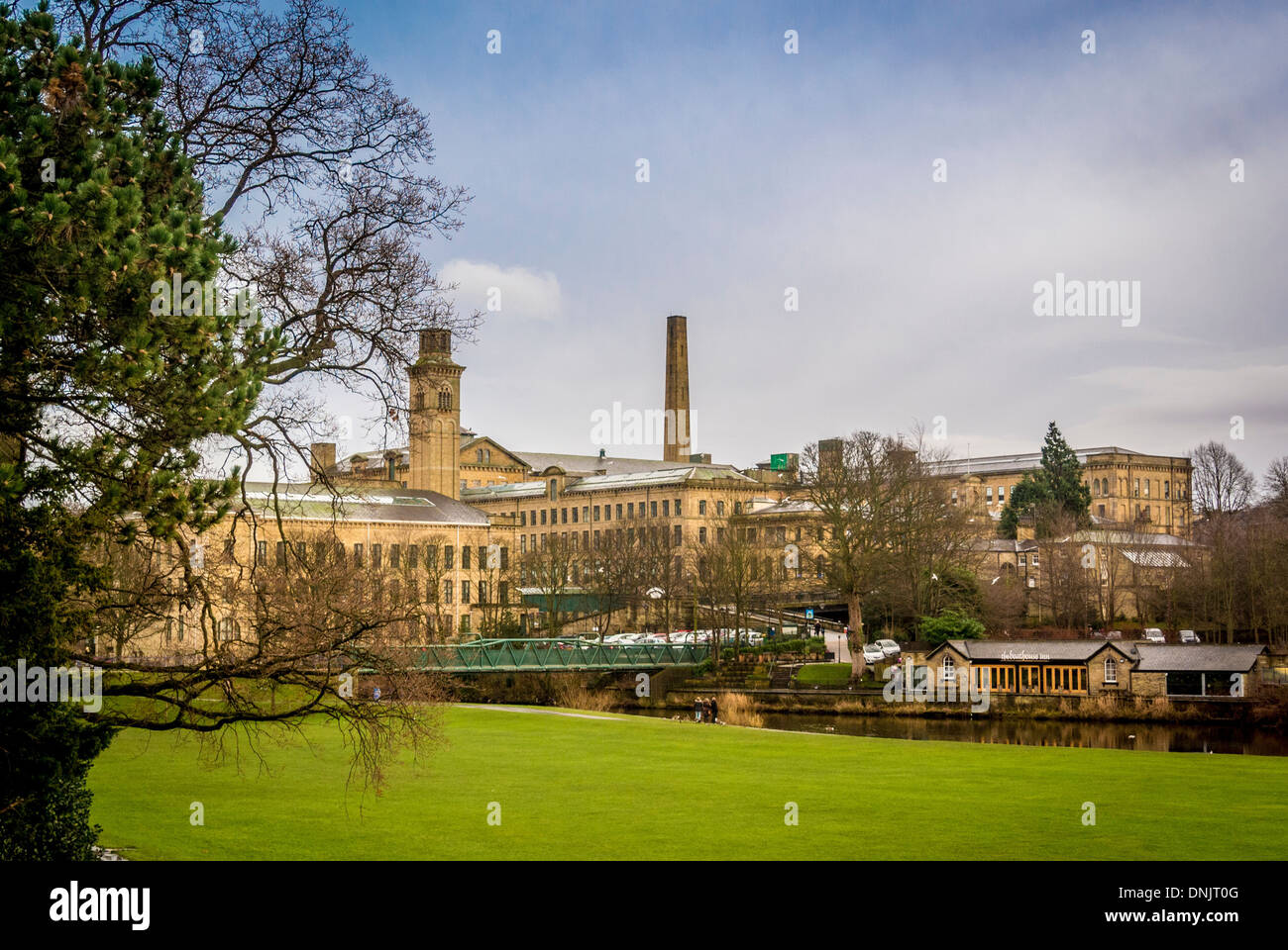New Mill and Salts Mill, Saltaire, seen from Roberts Park Stock Photo