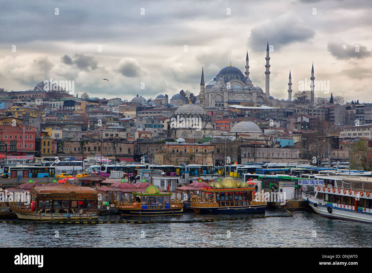 A view of The Süleymaniye Mosque as seen from the Galata Bridge in Istanbul, Turkey. Stock Photo