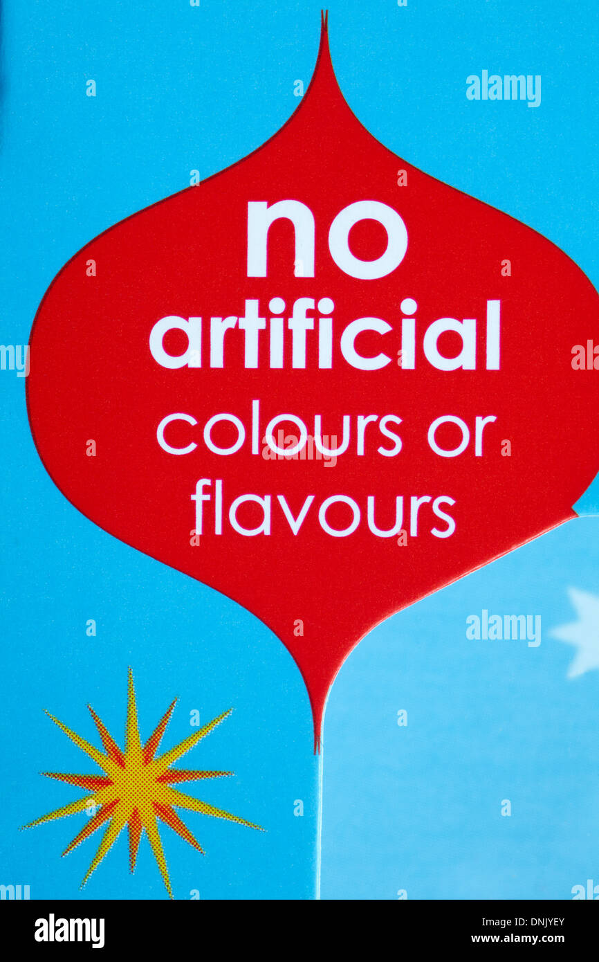 No artificial colours or flavours - detail on box containing chocolates Stock Photo