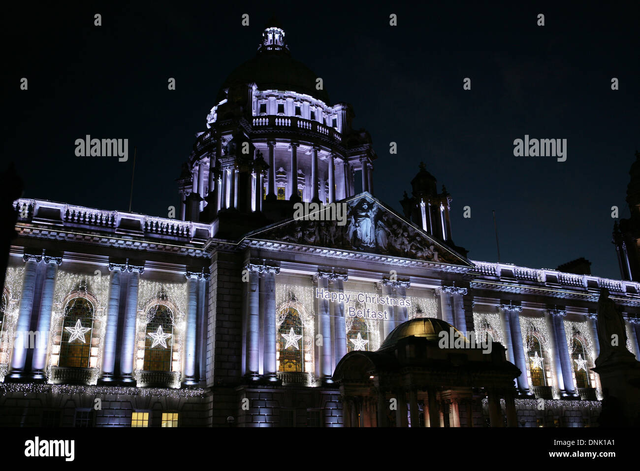 02 January 2014 Christmas lights on Belfast City hall Stock Photo