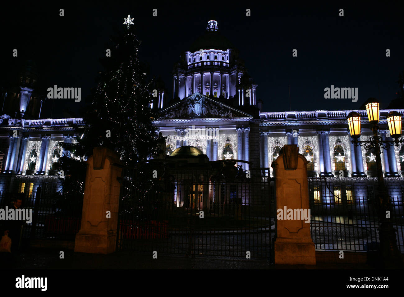 02 January 2014 Christmas lights on Belfast City hall Stock Photo