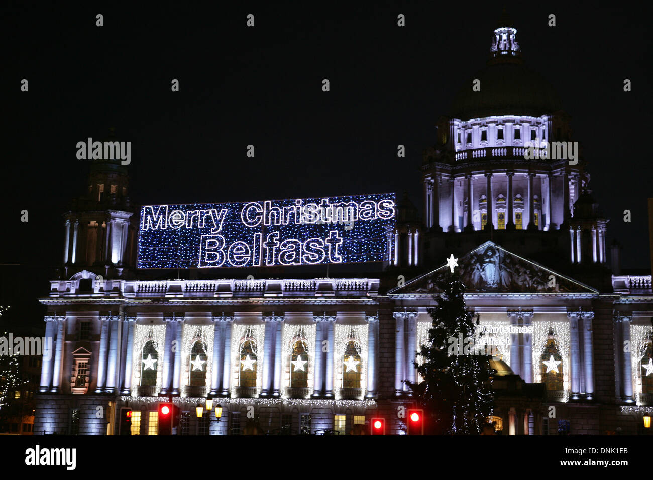 02 January 2014 Christmas lights on Belfast City hall Stock Photo