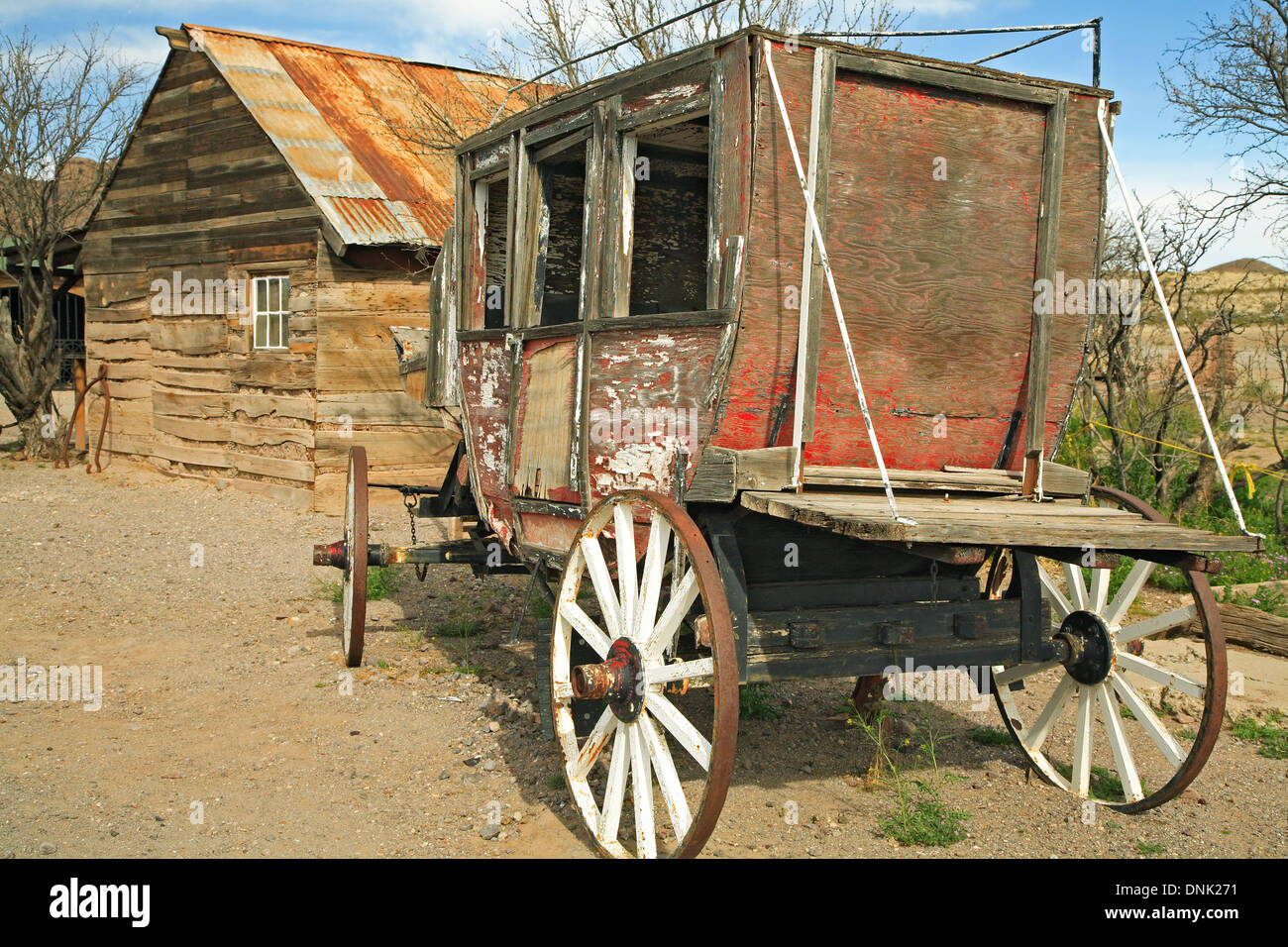Stagecoach and log cabin, Steins ghost town, near Lordsburg, New