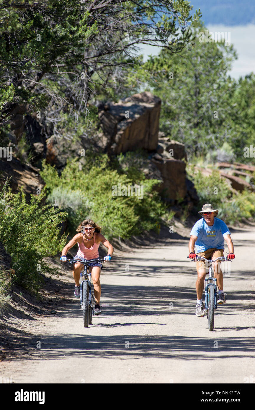 Mountain bikers ride the Midland Trail, CR304, near Buena Vista, Colorado, USA Stock Photo