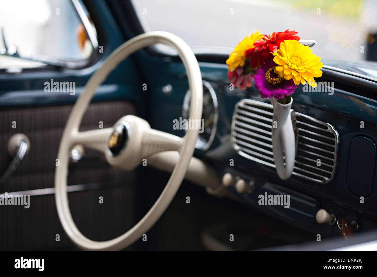 Inside a vintage VW Beetle Stock Photo