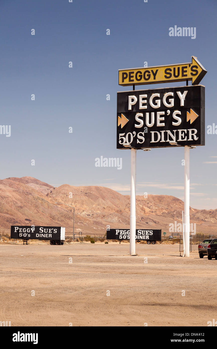 Sign for Peggy Sue's 50's diner on Mojave freeway at Yermo,California,USA Stock Photo