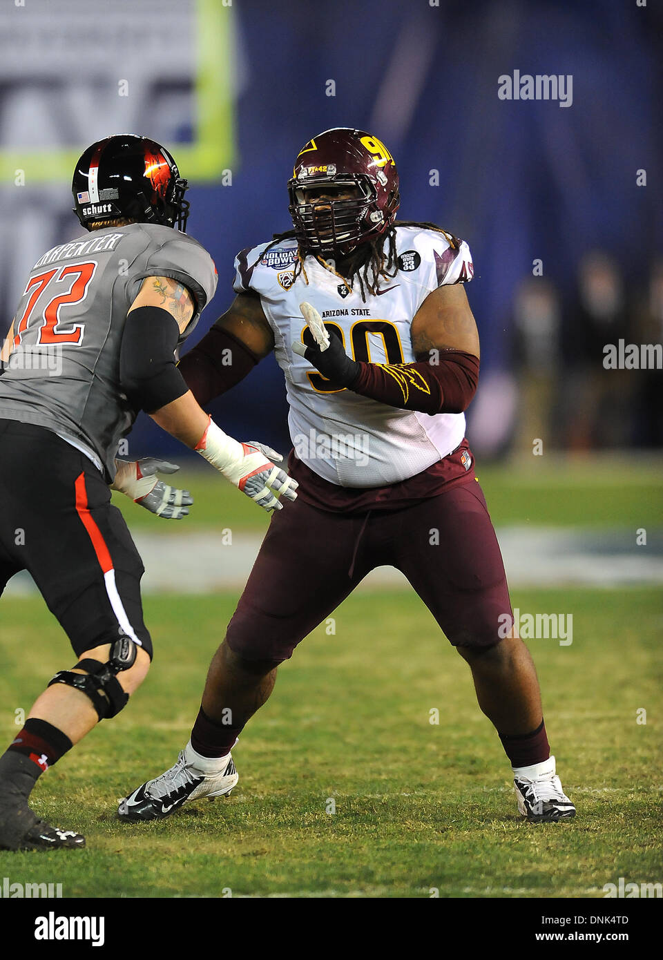 San Diego, CA, USA. 30th Dec, 2013. December 30, 2013 San Diego, CA.Arizona State Sun Devils defensive tackle (90) Will Sutton in action, against an aggressive Red Raiders offense. The The Red Raiders and Sun Devils faced off, one other time in 1999 in their programsÃ¢â¬â¢ histories. Today the Sun Devils were defeated 37-23 on Monday, December 30, 2013 in the National University Bowl in San Diego, California. (Mandatory Credit: Jose Marin / MarinMedia.org / Cal Sport Media) (Complete photographer, and credit required) Credit:  csm/Alamy Live News Stock Photo