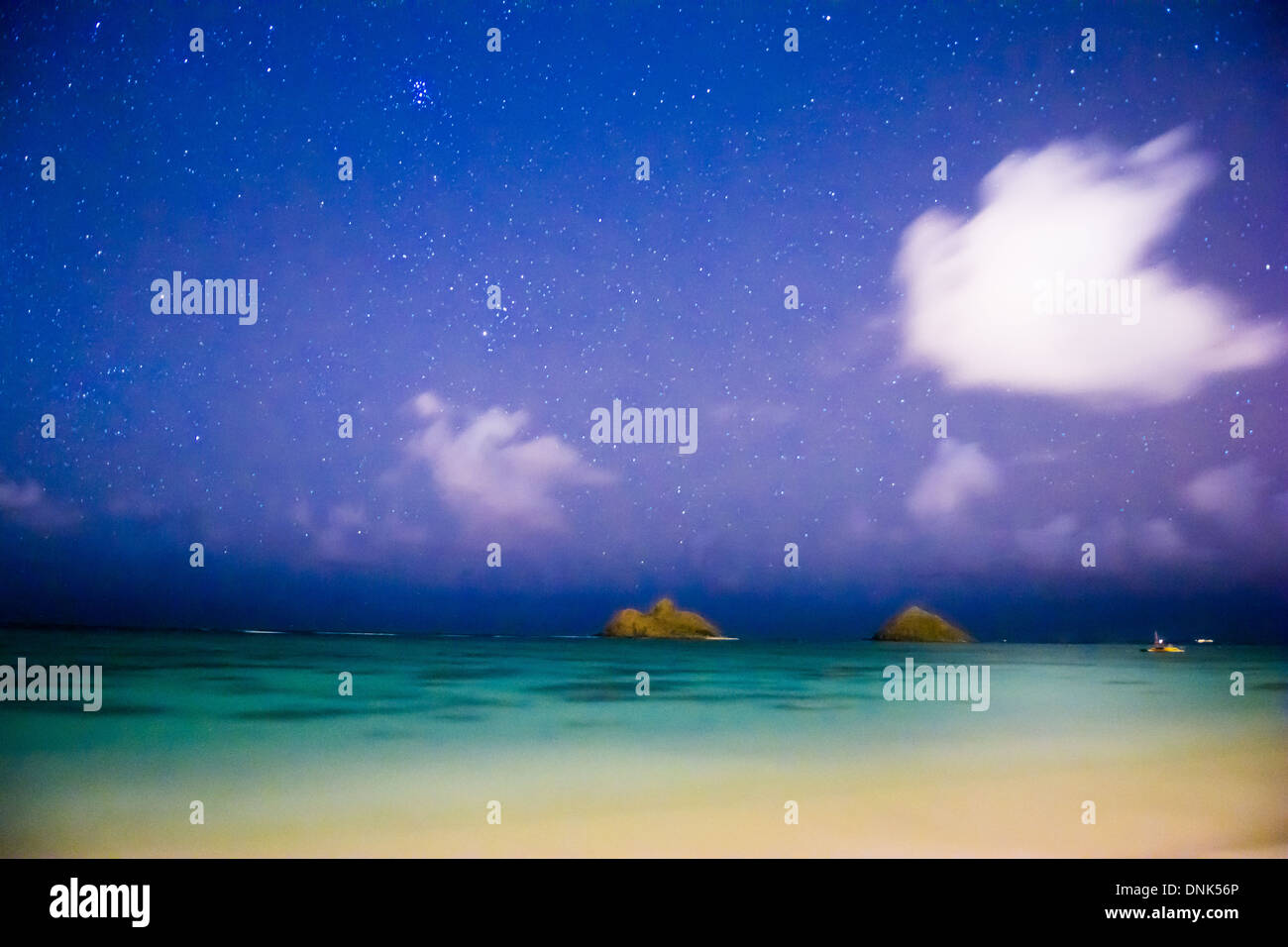 Night photo of the Mokulua Islands, Lanikai Beach, Oahu, Hawaii Stock
