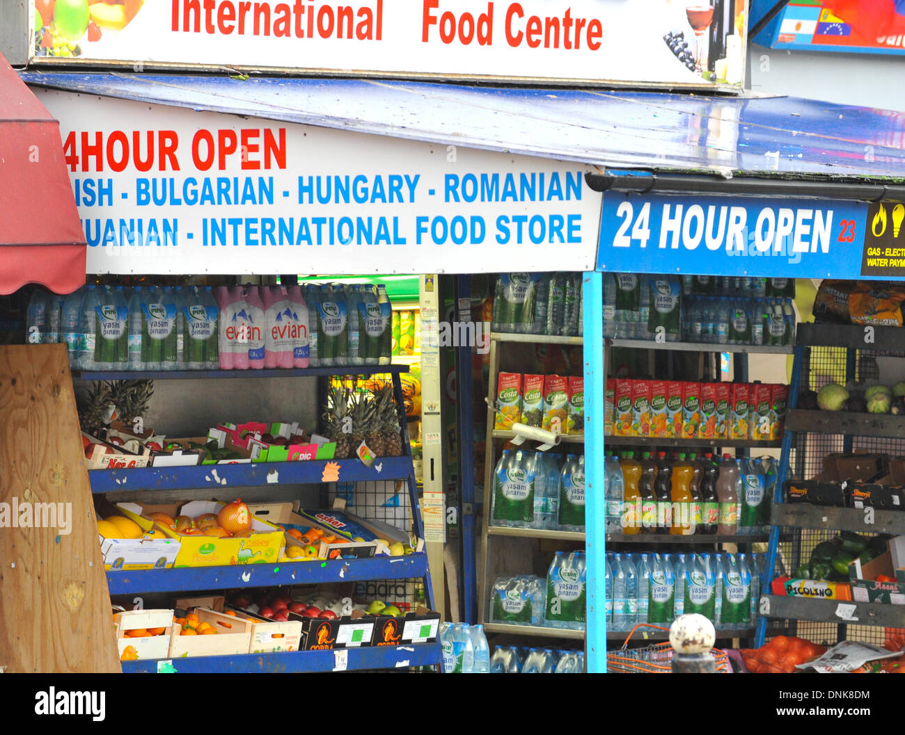 Turnpike Lane, London, UK. 1st January 2014. An international supermarket in North London selling Romanian and Bulgarian food.  Romanians and Bulgarians can work without restriction across the EU and the UK from today. Credit:  Matthew Chattle/Alamy Live News Stock Photo