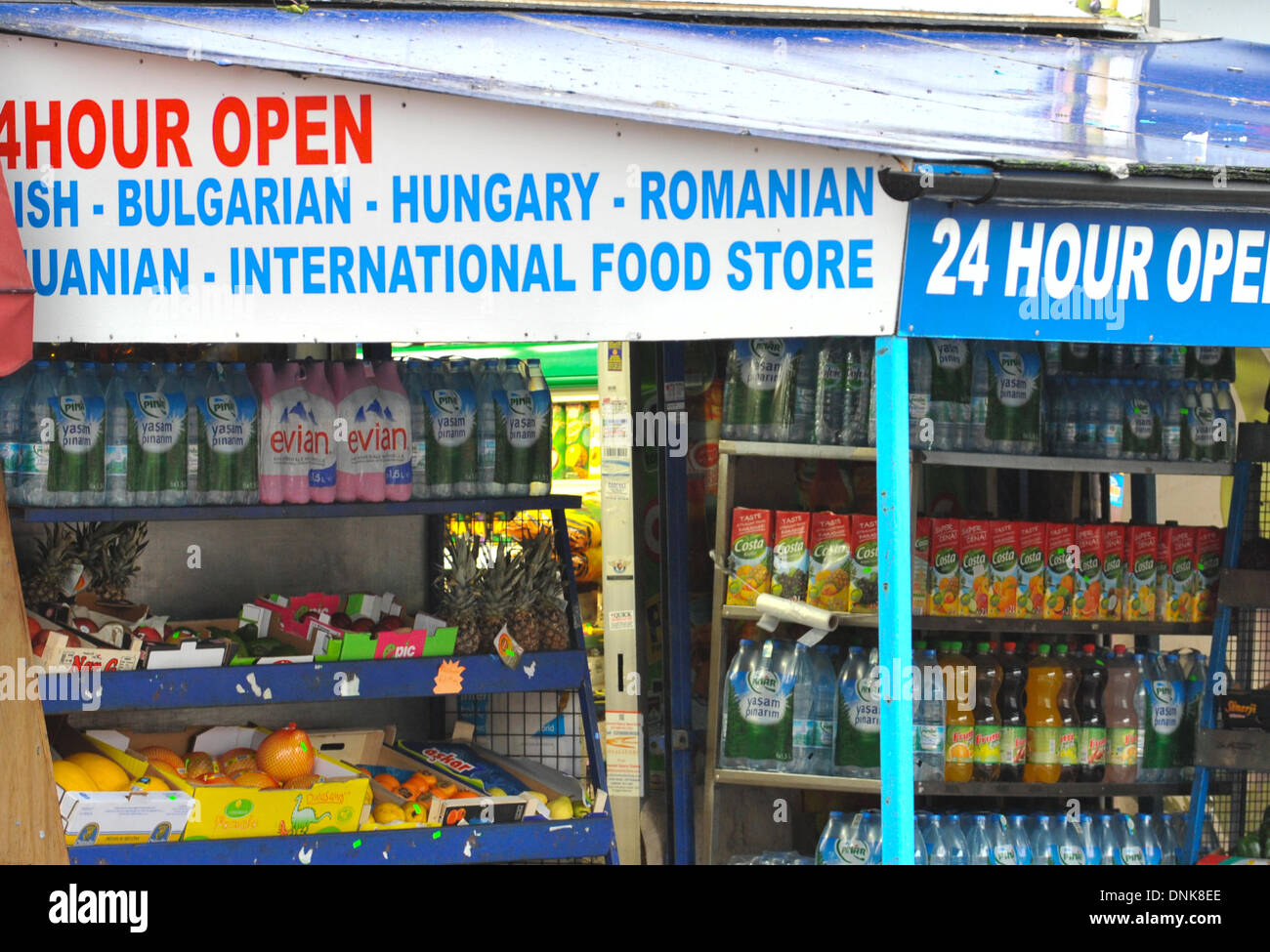 Turnpike Lane, London, UK. 1st January 2014. An international supermarket in North London selling Romanian and Bulgarian food.  Romanians and Bulgarians can work without restriction across the EU and the UK from today. Credit:  Matthew Chattle/Alamy Live News Stock Photo