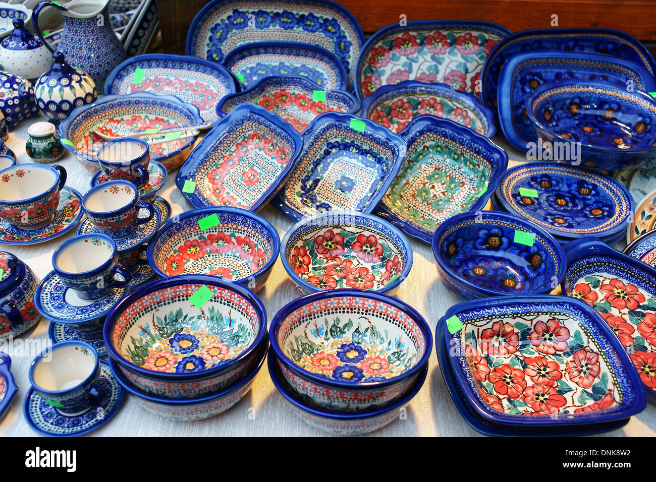 Colourful ceramics pottery earthenware from Boleslawiec Poland Bunzlauer keramik Stock Photo