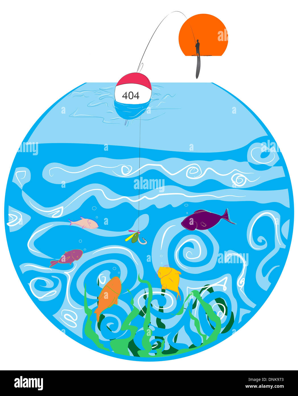 Illustrative representation of fishes swimming in a fish bowl Stock