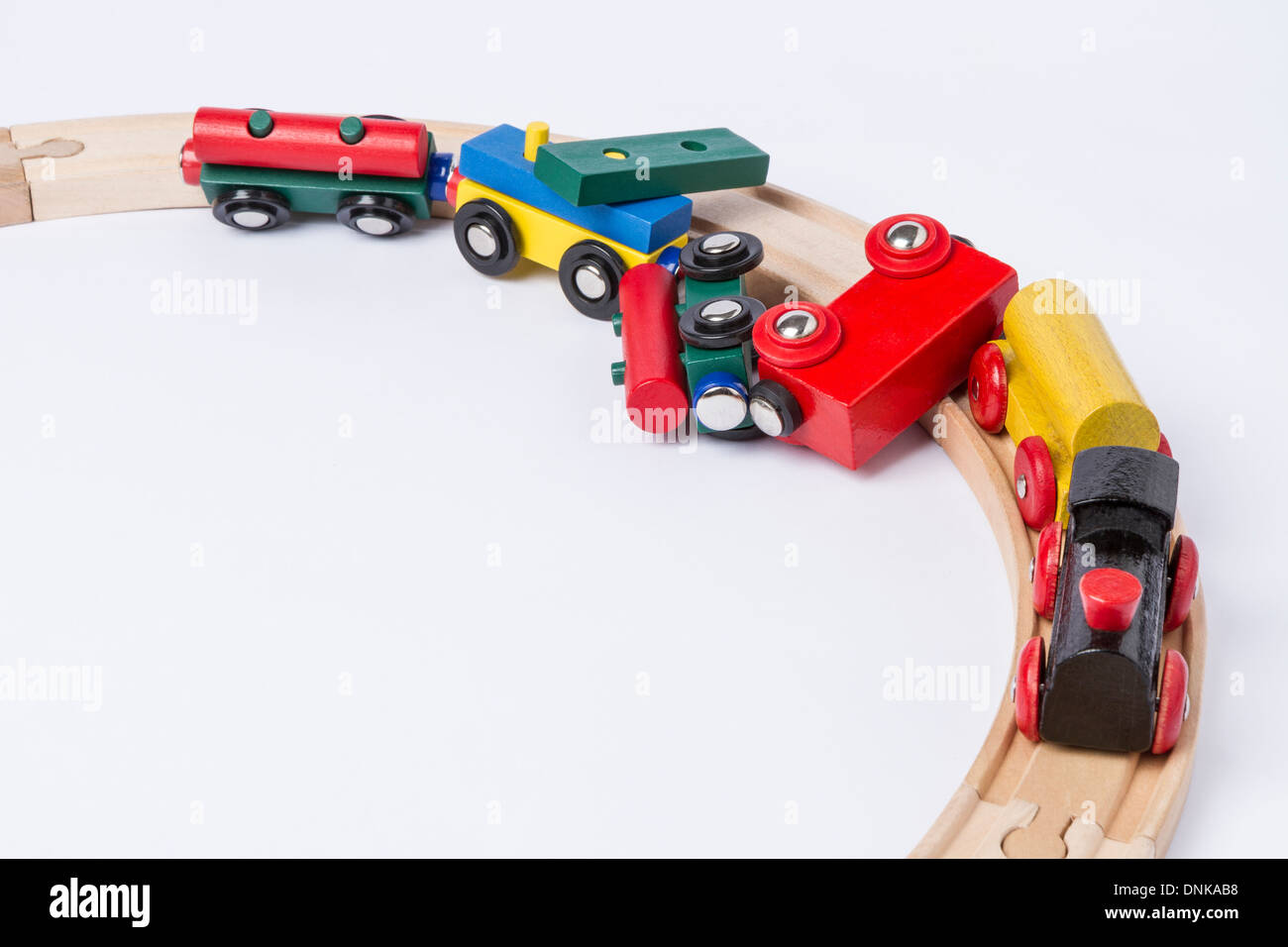 derail wooden toy train in top view. horizontal image Stock Photo