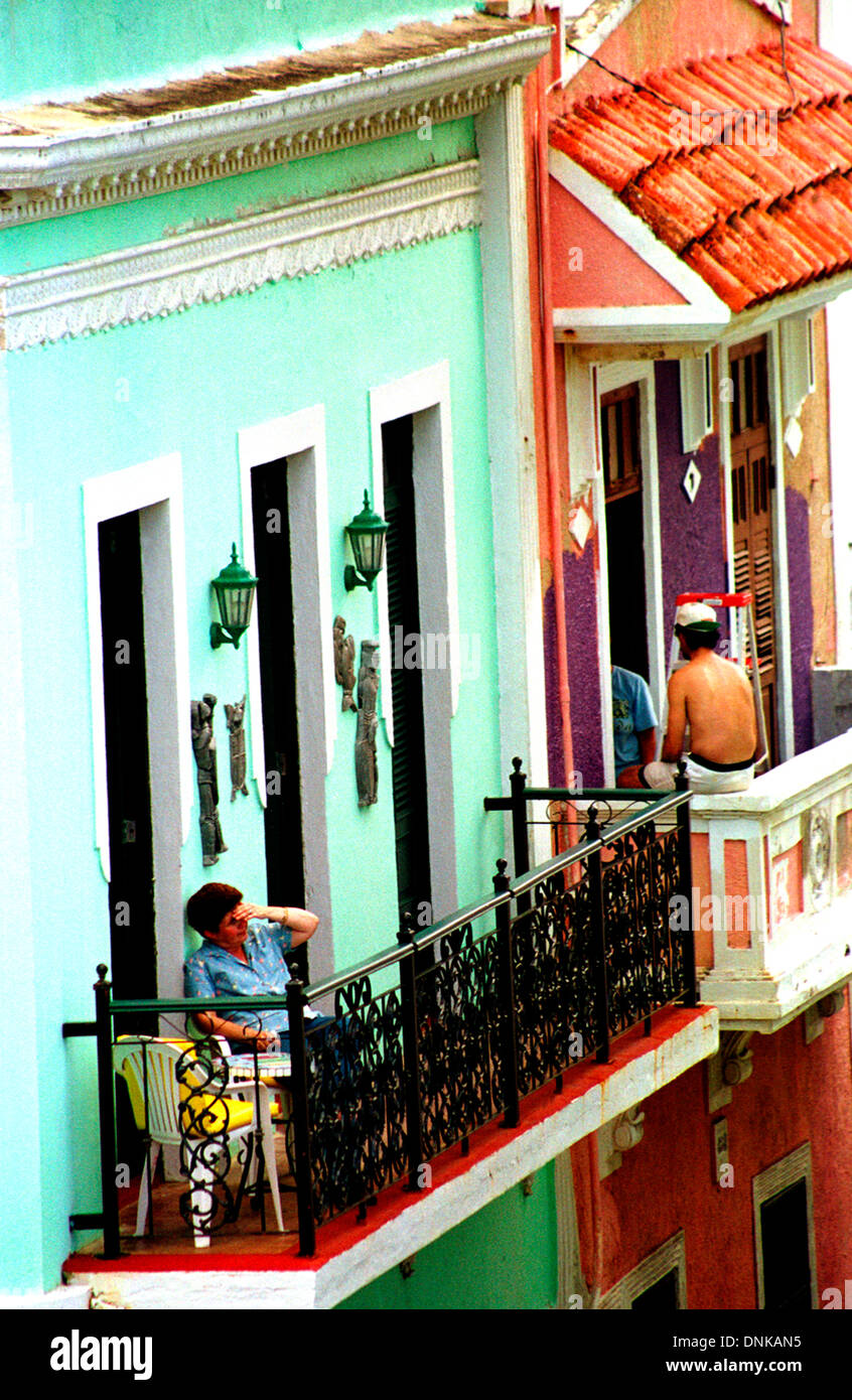 Residents sit on their balconies in Old San Juan, Puerto Rico. 2001. Stock Photo