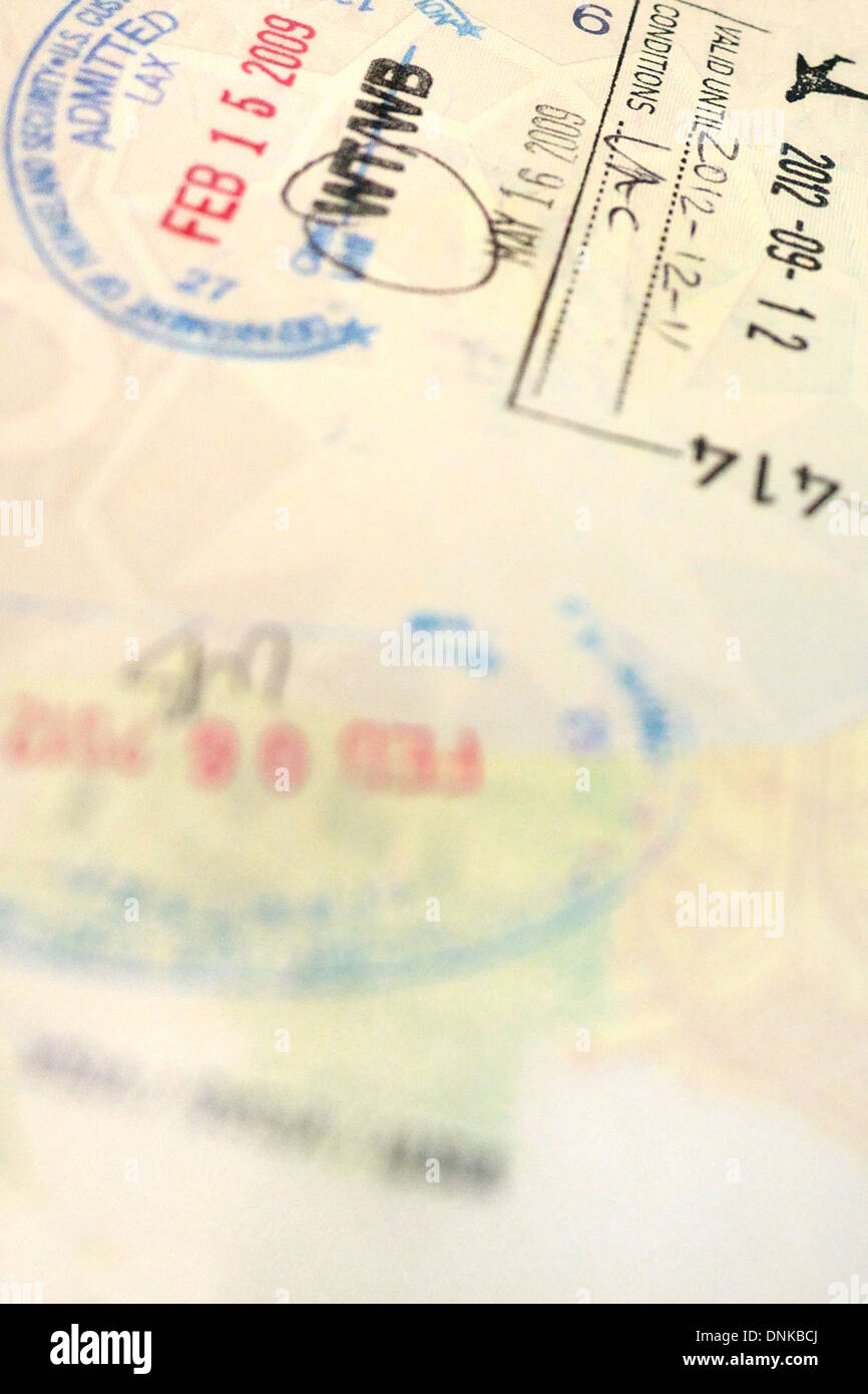 Close Up of Passport with stamps Stock Photo