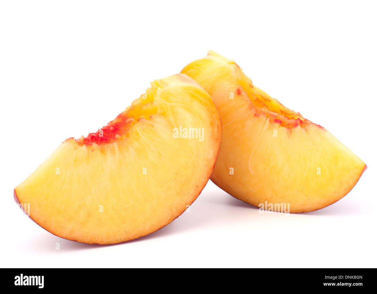Ripe peach fruit slice isolated on white background cutout Stock Photo ...