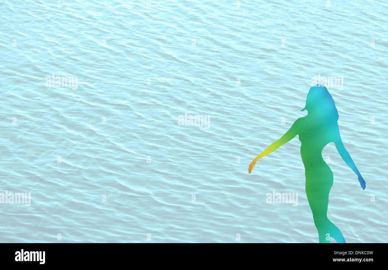 joyful illustration of woman twirling and ocean Stock Photo