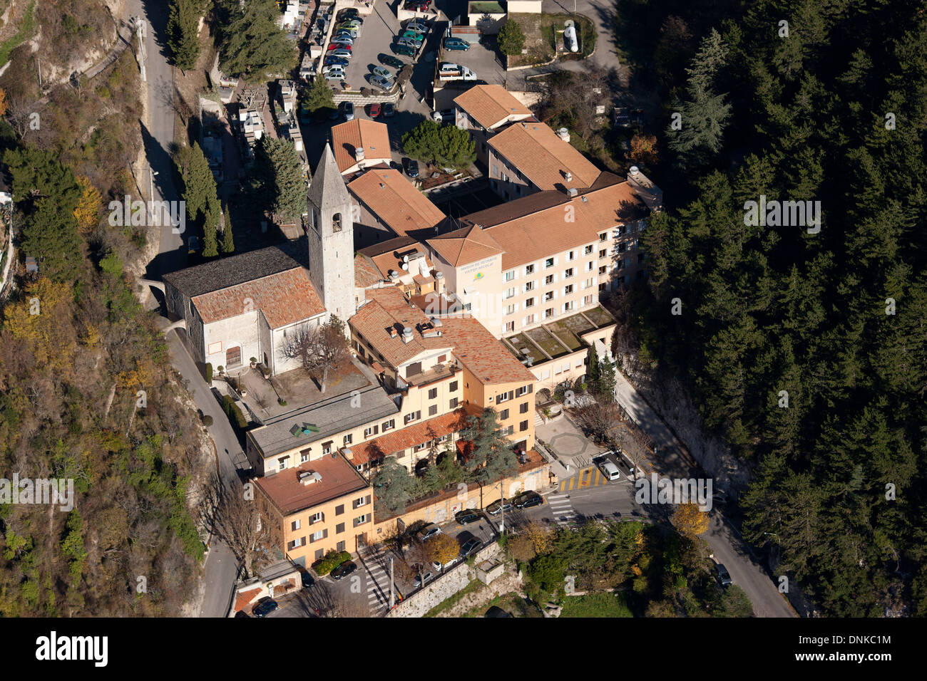 AERIAL VIEW. Saint-Mary Church. Peille, Alpes-Maritimes, French Riviera's backcountry, France. Stock Photo