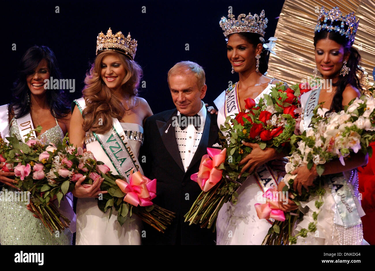 Osmel Sousa poses with finalists of the Miss Venezuela contest in Caracas, Venezuela Stock Photo