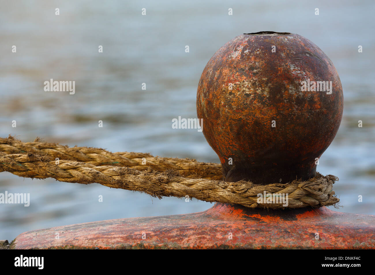 Bollard with a rope on a deck. landscape, nobody, close up Stock Photo