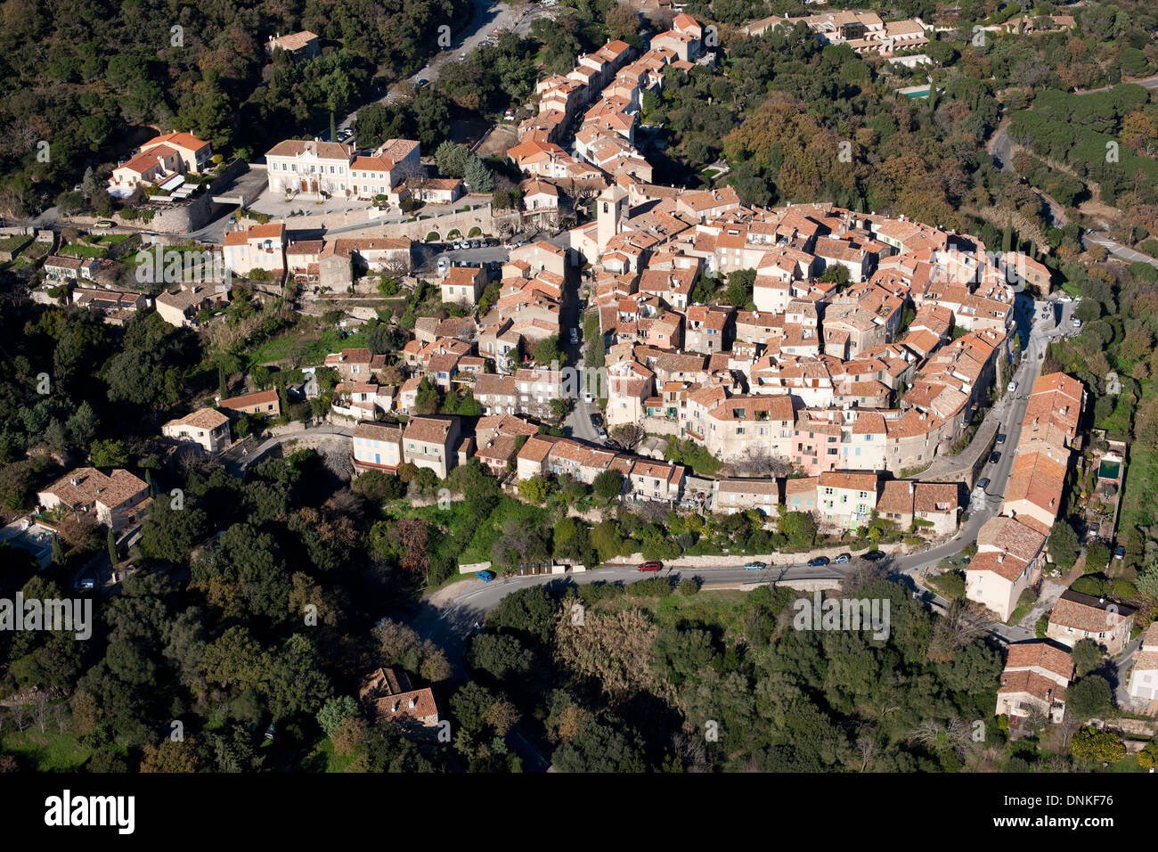AERIAL VIEW. Perched medieval village. Ramatuelle, Var, French Riviera, France. Stock Photo