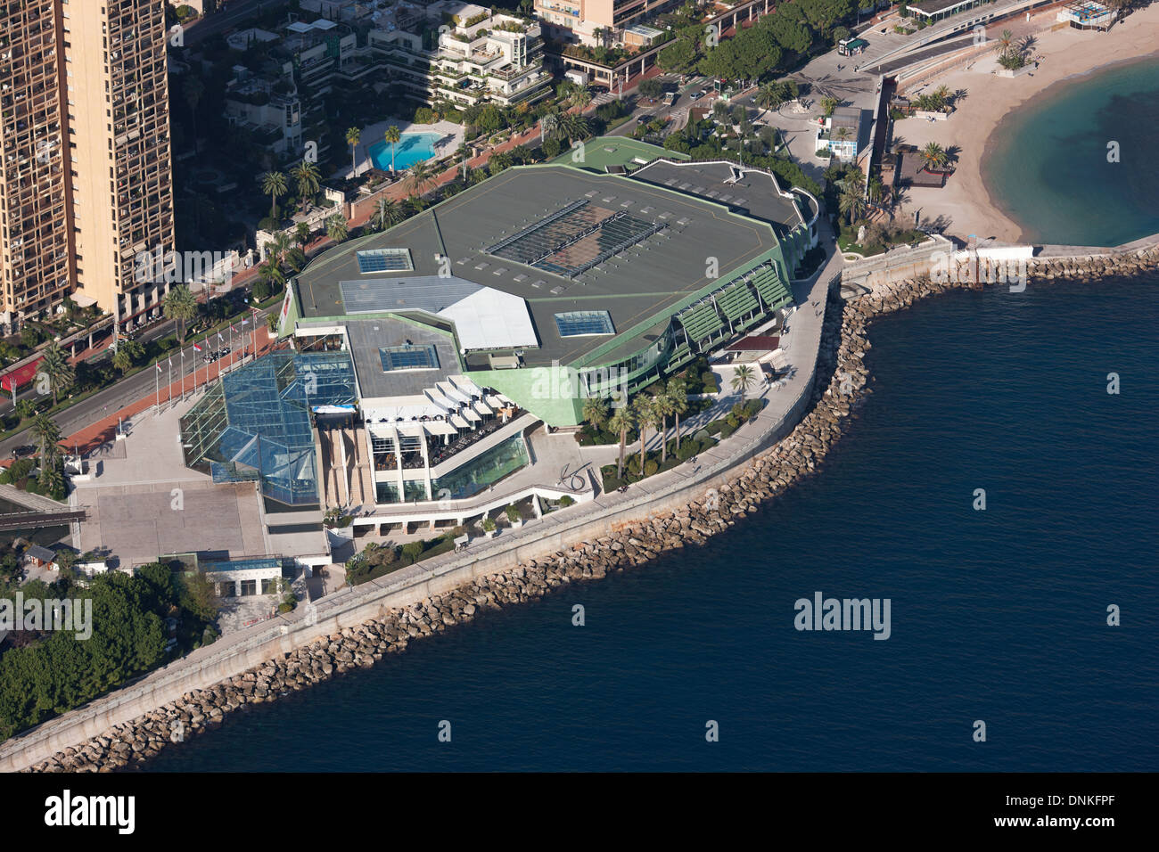 AERIAL VIEW. Congress and cultural center built on reclaimed land. Grimaldi Forum, District of Larvotto, Principality of Monaco. Stock Photo