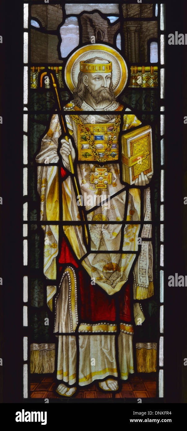 Saint Aidan. North Chapel window (detail). Church of Saint Michael. Burgh-by-Sands, Cumbria, England, United Kingdom, Europe. Stock Photo