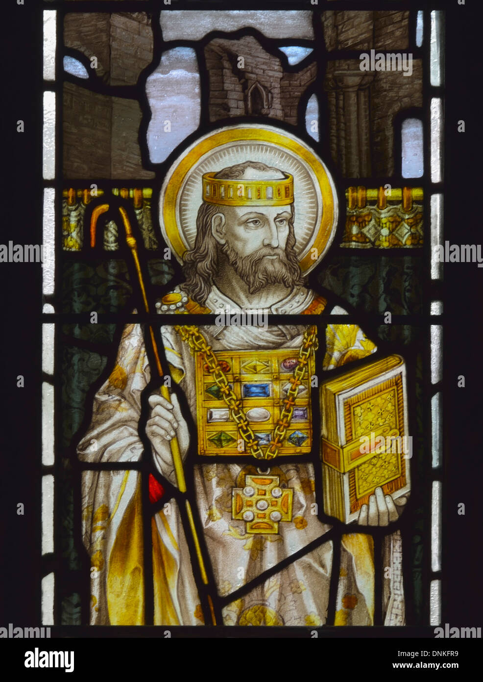 Saint Aidan. North Chapel window (detail). Church of Saint Michael. Burgh-by-Sands, Cumbria, England, United Kingdom, Europe. Stock Photo