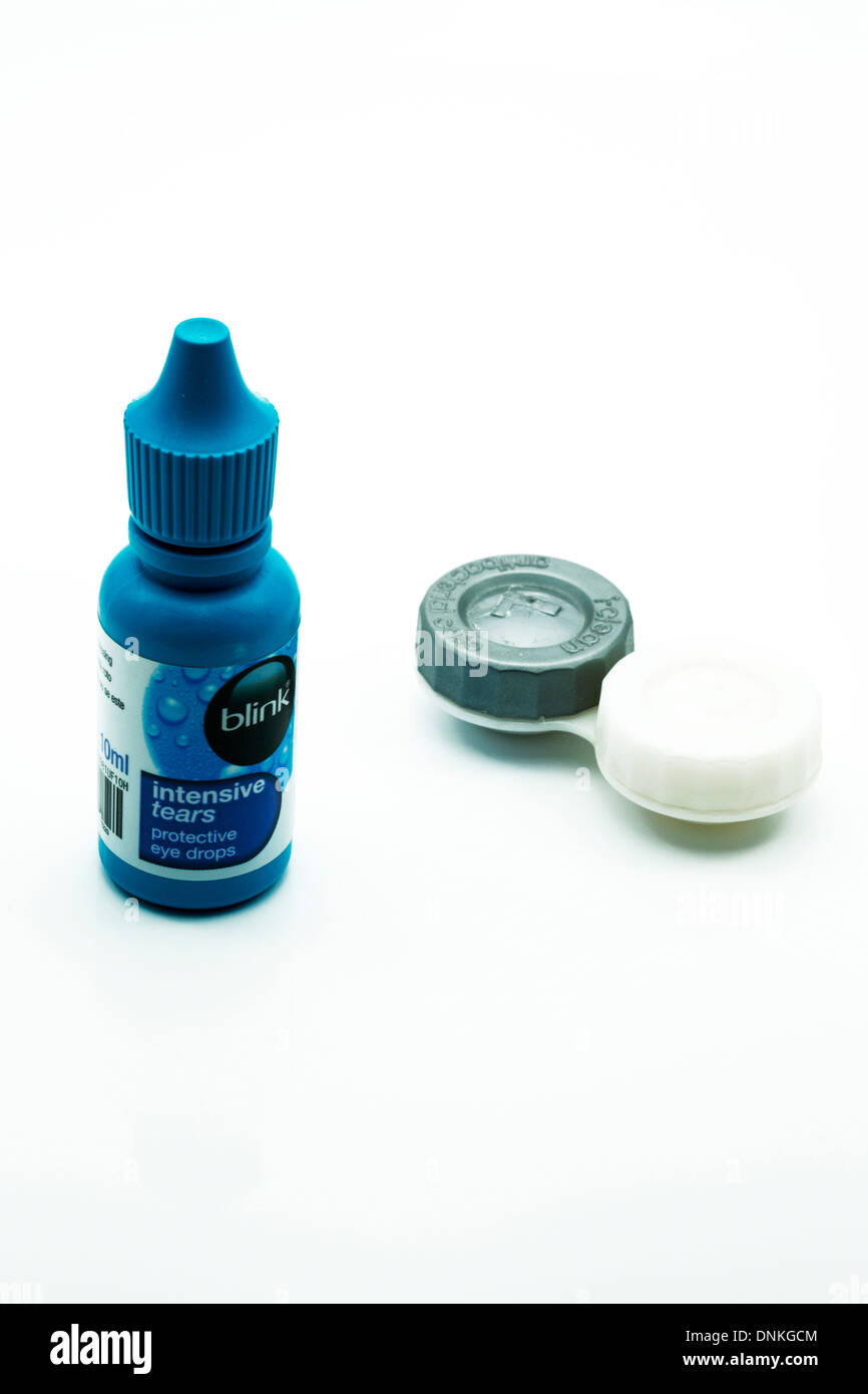Contact lens pot and solution for dry eyes cut out copy space white