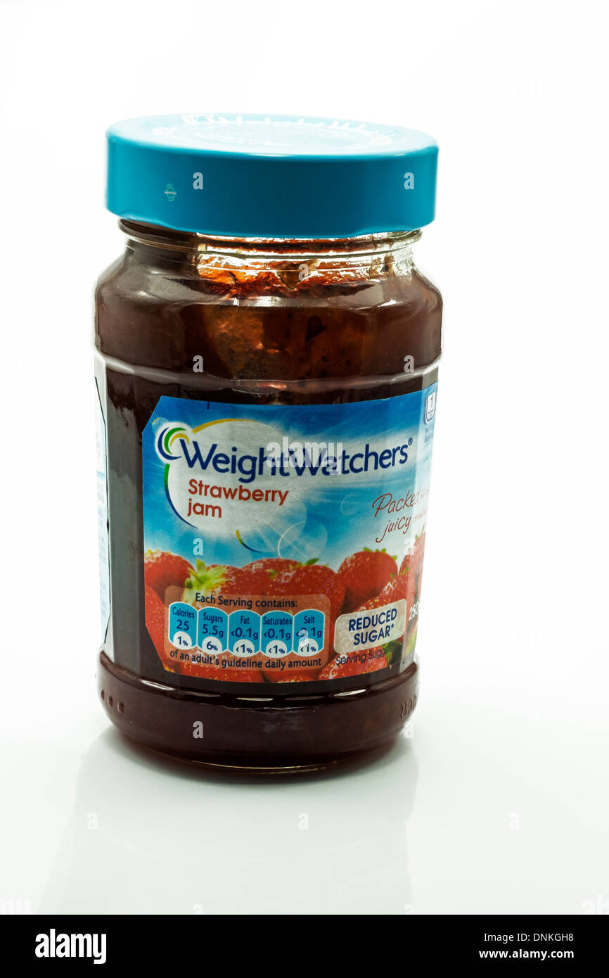 weight watchers strawberry jam in jar cut out white background copy space Stock Photo