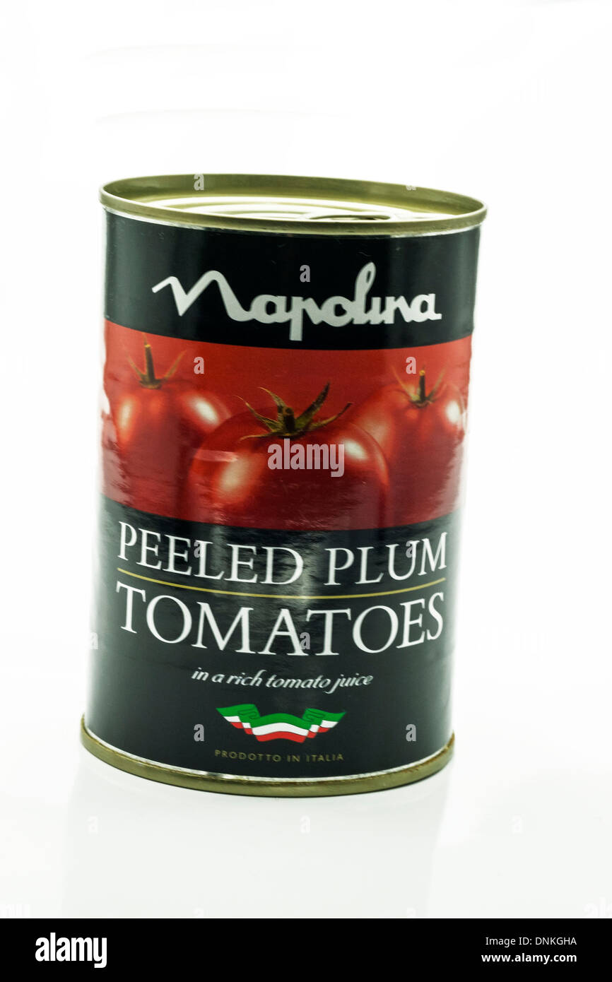 plum peeled tomatoes tin napolina cut out copy space white background