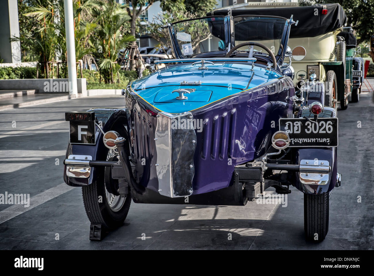 Rear view of a vintage 1931 French Peugeot 201 X convertible sports car in blue. Stock Photo