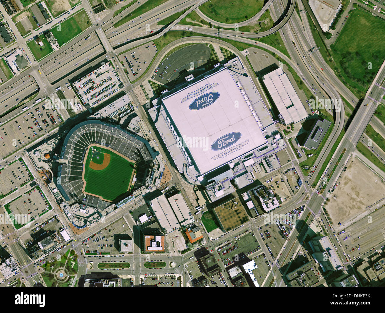 aerial photo map of Ford Field, Comerica Park, Detroit, Michigan Stock Photo